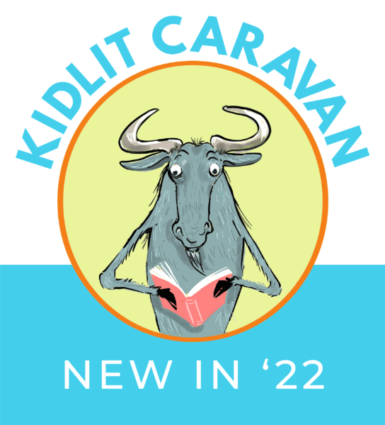 Gnu reading a book with the words "Kidlit Caravan New in '22"