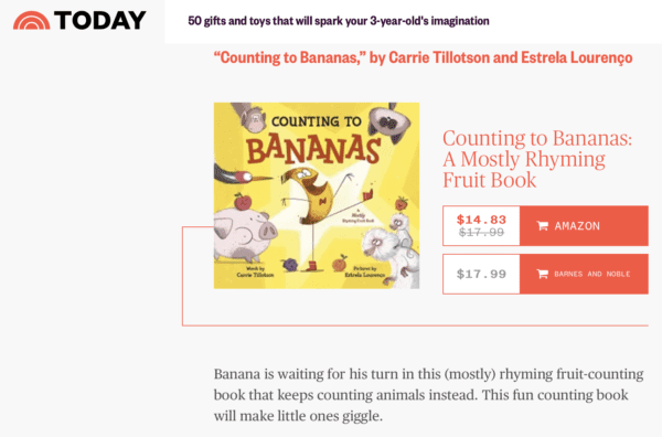 Screen capture of the cover of Counting to Bananas on the Today Show's list of best books for 3 year olds.